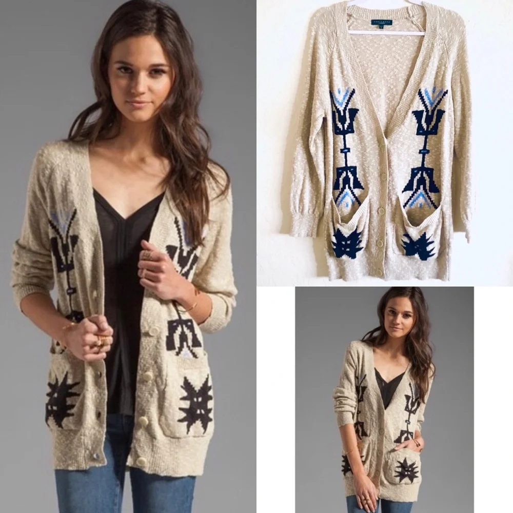 Sanctuary Ranch Aztec Oatmeal woven v-neck button down cardigan M - Picture 2 of 12
